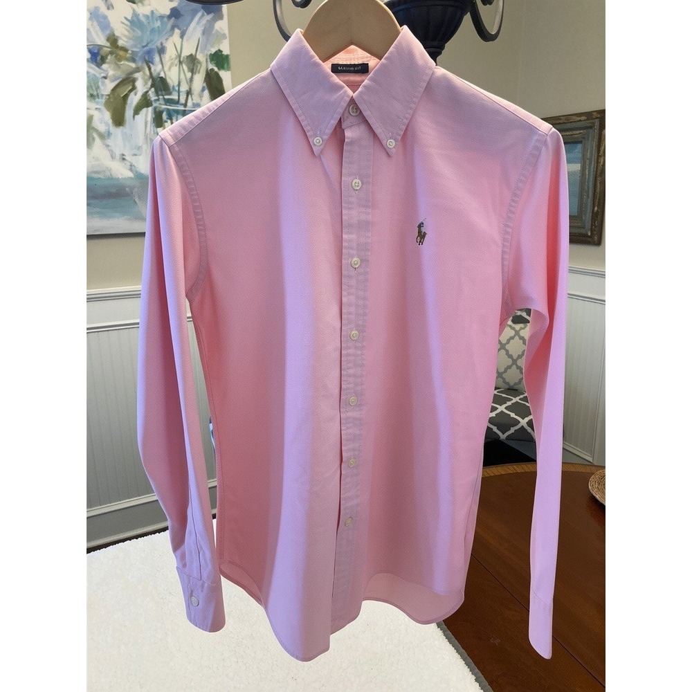 Ralph Lauren Womens Pink Oxford Button Down Shirt Classic Fit Size 4 Logo